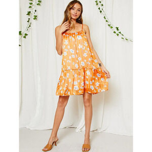 Orange Floral Babydoll Dress Spaghetti Strap Dress